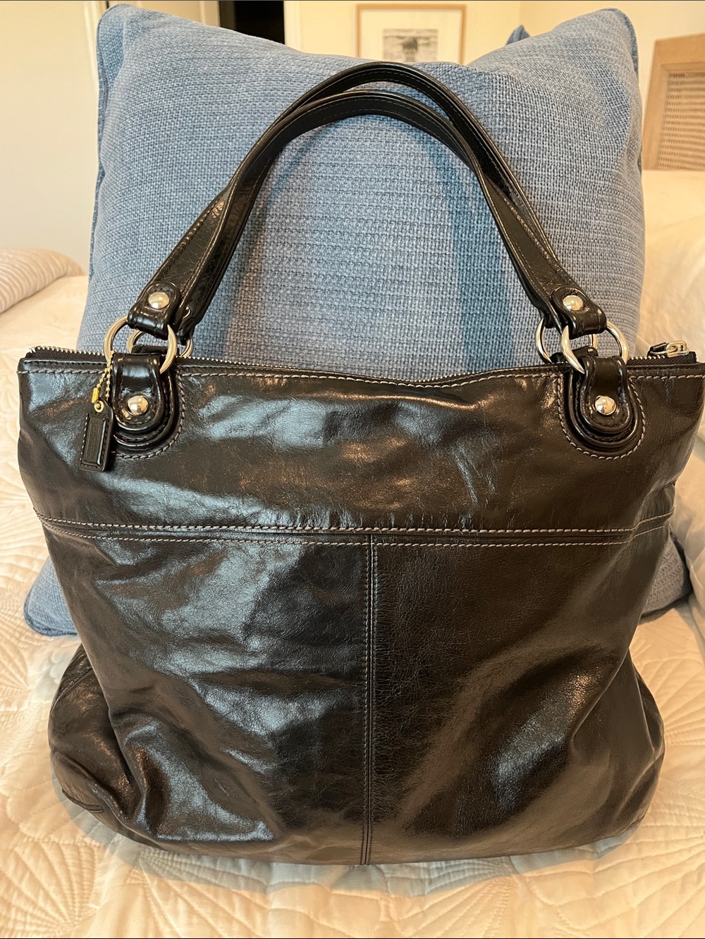 Coach Classic Black Camelia Distressed Leather Handbag